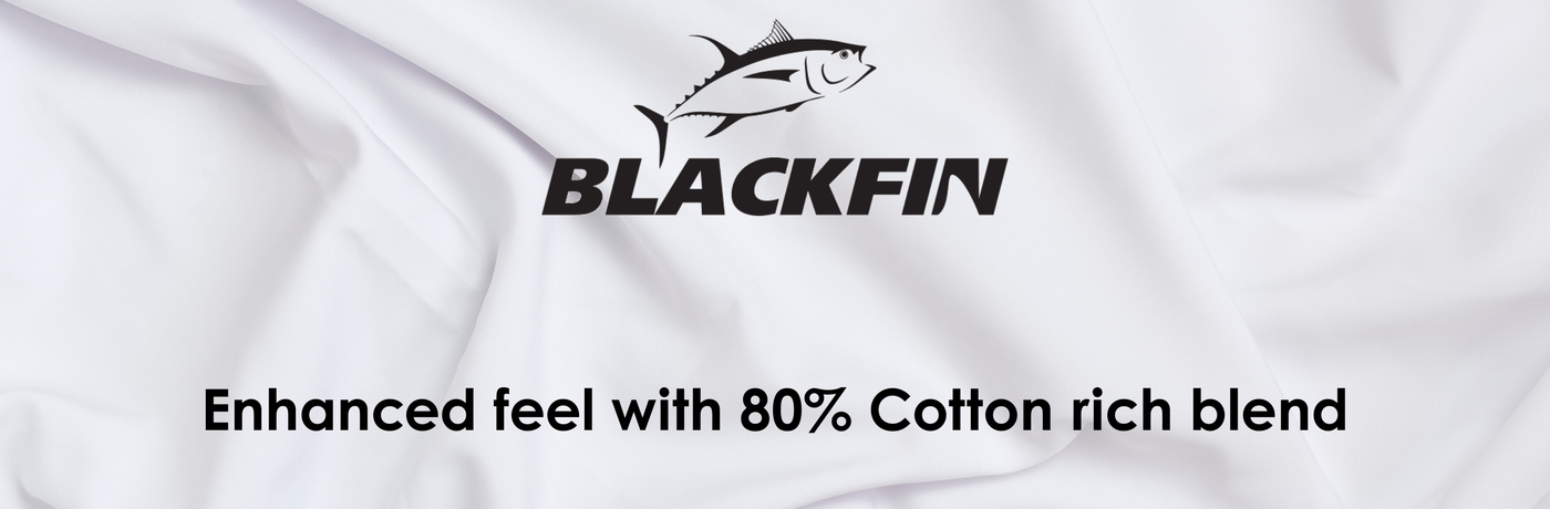 Blackfin logo on a white fabric background with text about cotton content.