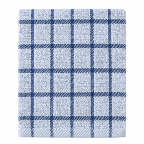 Pictured: Folded white towel with muted blue accents in a windowpane design against a white background. This product is listed as "Blue/Chambray".