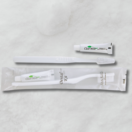 Pictured: A mini mint toothpaste tube, a white tooth brush, and a Dental kit sitting against a marble background. The dental kit comes in clear packaging, with the toothbrush and toothpaste as shown.