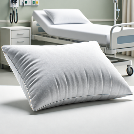 Pictured: Gray and Rectangular Disposable Hospital Pillow sitting up with a hospital room background.