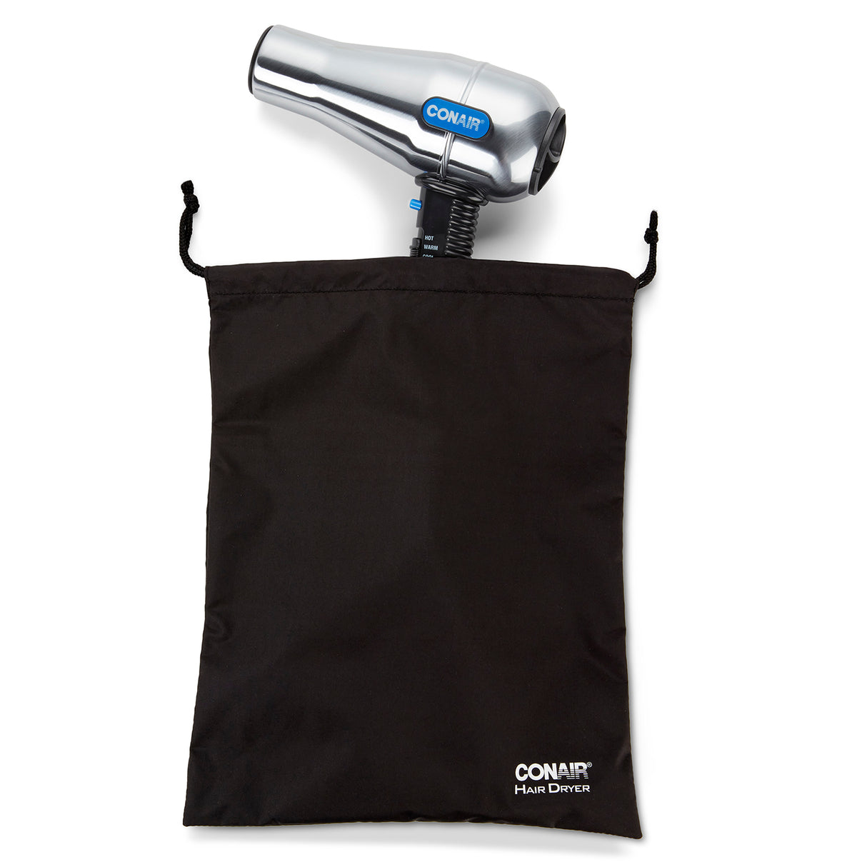 Conair hair dryer in a black drawstring bag on a white background