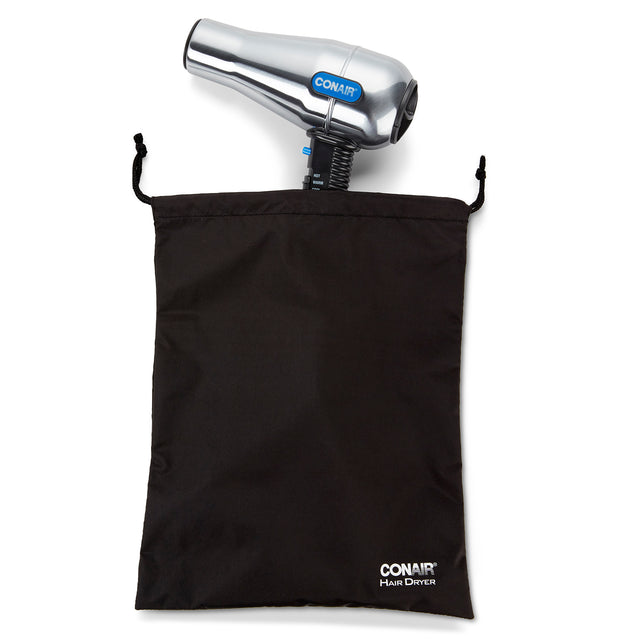 Conair hair dryer in a black drawstring bag on a white background