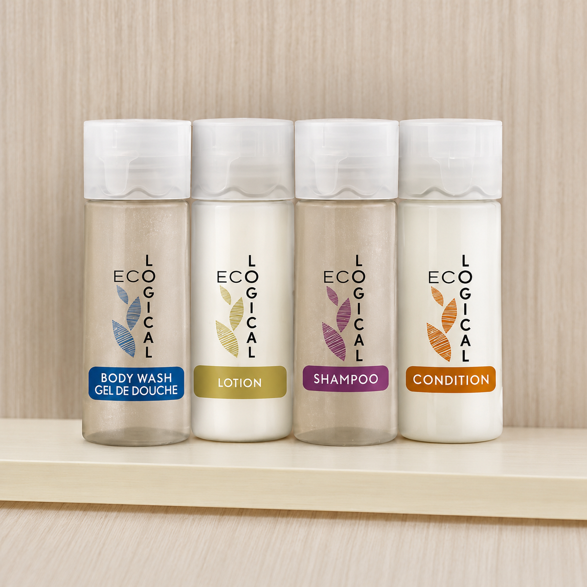 Pictured: Ecological  Amenities standing in a straight line. From left to right: Body Wash, Lotion, Shampoo and Condition.