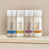 Pictured: Ecological  Amenities standing in a straight line. From left to right: Body Wash, Lotion, Shampoo and Condition.