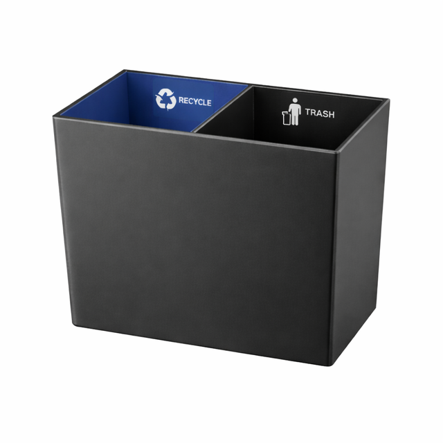 Plastic dual wastebasket with both trash and recycle bin liners.