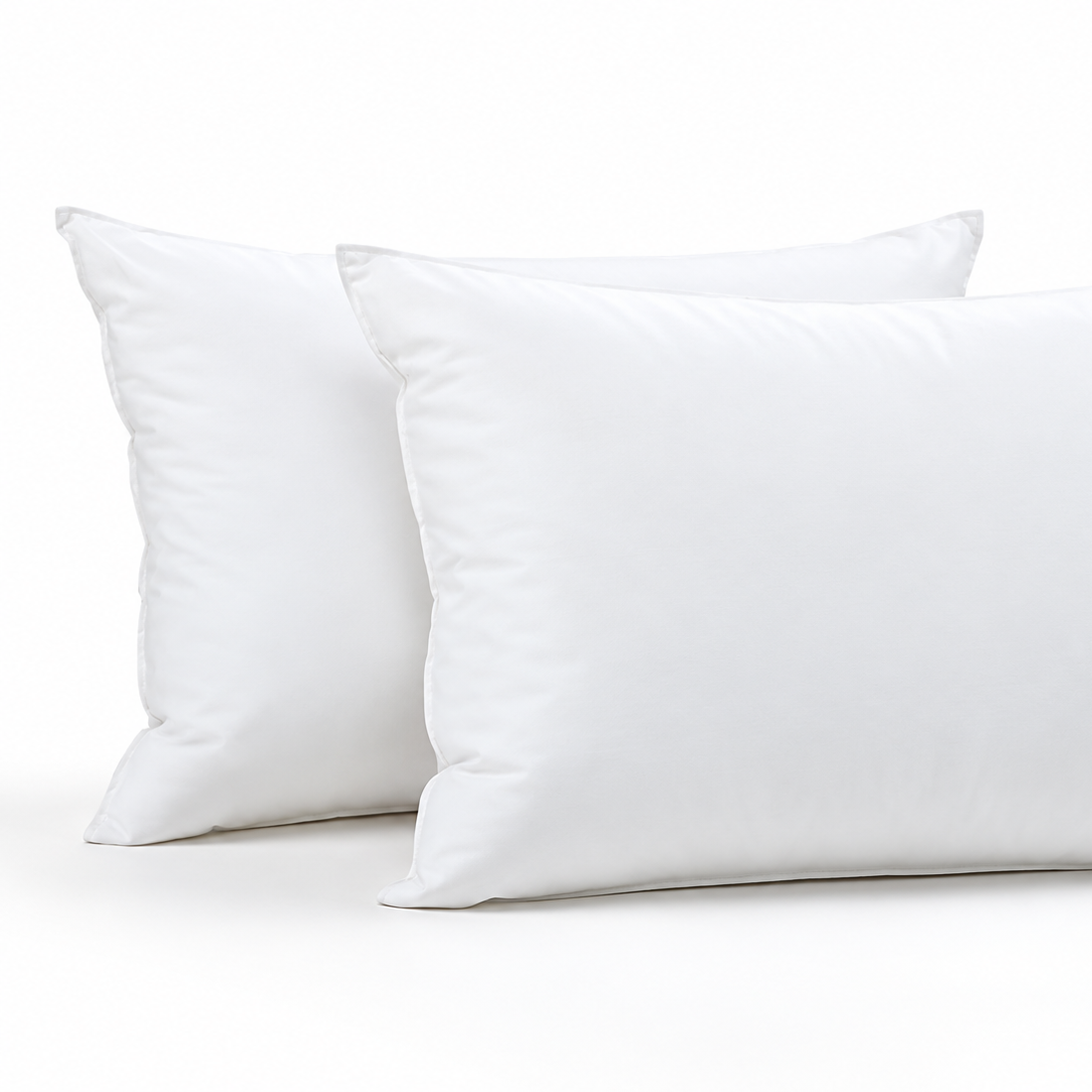 Pictured: Two Featherfull Pillows Standing Upright together against a white background.
