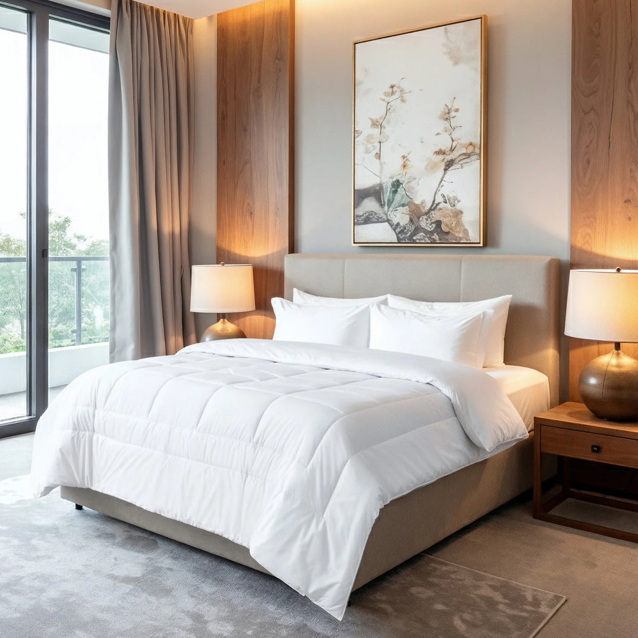 Modern bedroom with a bed, lamps, and artwork on the wall.
