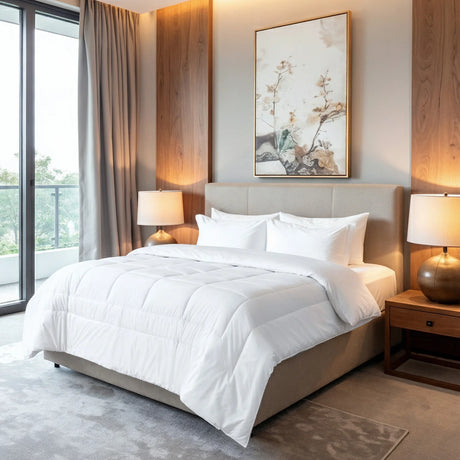 Modern bedroom with a bed, lamps, and artwork on the wall.