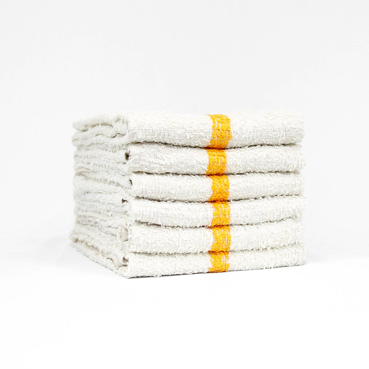 Pictured: Six white bar mops with a gold center stripe neatly folded and stacked against a white background.