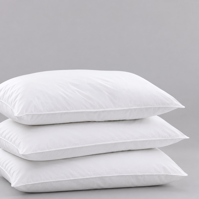 Pictured: 3 fluffy white pillows laid down and stacked on top of each other against a gray background. The product featured is the Gold Label Hospitality Pillow.