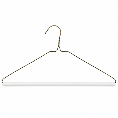 Pictured: Golden hanger with rounded hook and white cardboard tube against a white background.