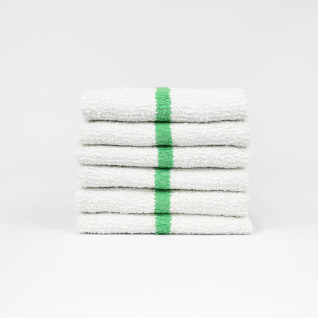 Pictured: Six white bar mops with a green center stripe neatly folded and stacked against a white background.
