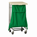 Pictured: A green hooded self-closing fluid resistant laundry bag on wheels with a metal frame, with a plastic white top.