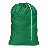 Pictured: Solid colored nylon laundry bag with a drawstring enclosure against a white background. This bag is in the shade Green.