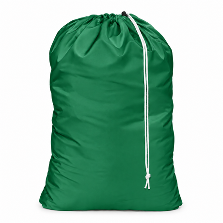 Pictured: Solid colored nylon laundry bag with a drawstring enclosure against a white background. This bag is in the shade Green.