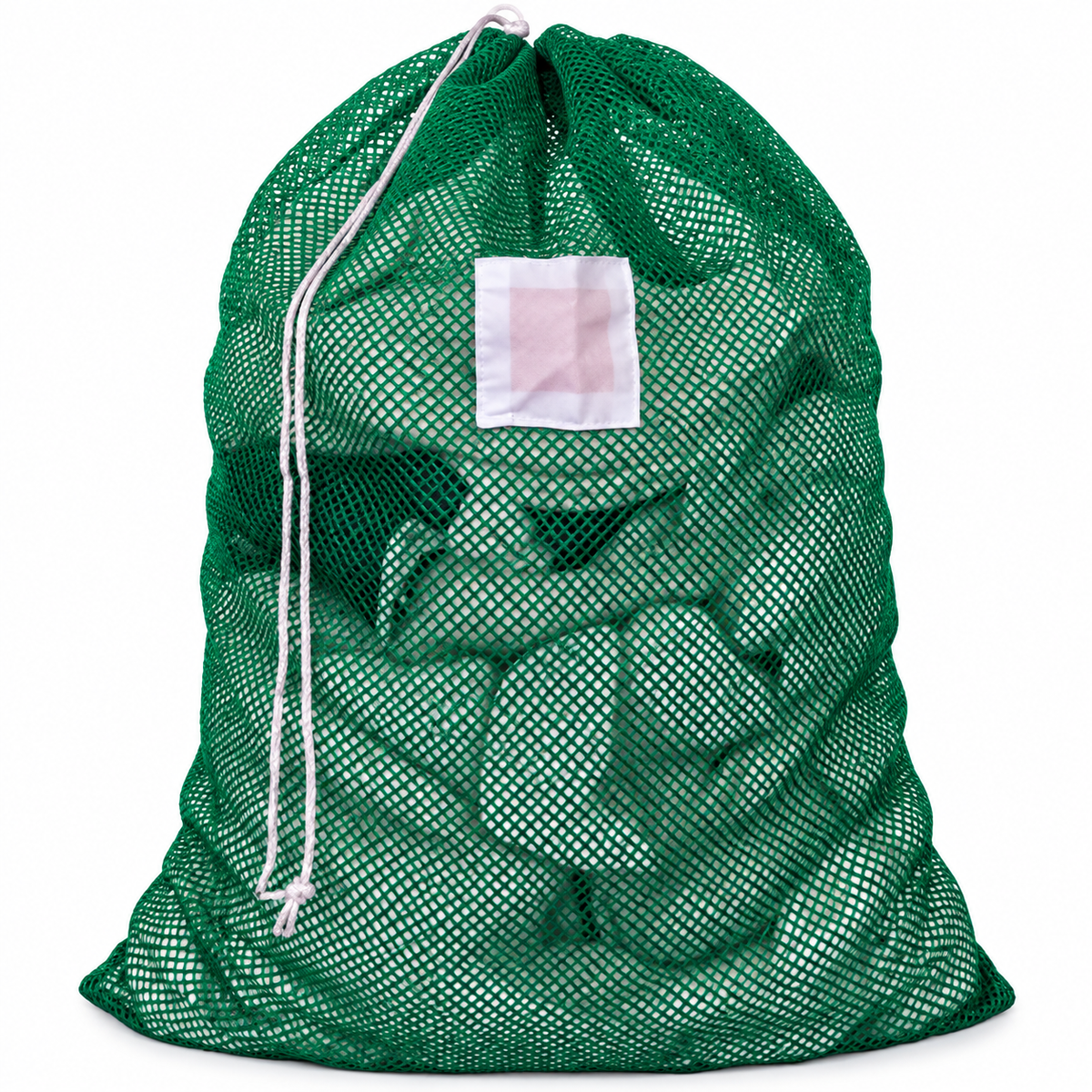 Pictured: Full Green Mesh Laundry bag with white ID tag and drawstring enclosure against a white background.