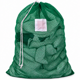 Pictured: Full Green Mesh Laundry bag with white ID tag and drawstring enclosure against a white background.