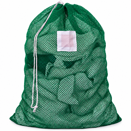 Pictured: Full Green Mesh Laundry bag with white ID tag and drawstring enclosure against a white background.