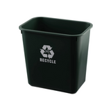 Pictured: Green rectangular recycling wastebasket against a white background. The white text on the basket says WE RECYCLE with the recycle symbol.