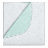 Pictured: Green underpad for incontinence against a white background. The pad is neatly folded and has a corner folded over to show what the bottom of the pad looks like.