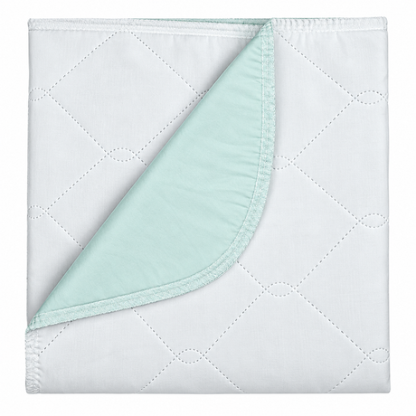 Pictured: Green underpad for incontinence against a white background. The pad is neatly folded and has a corner folded over to show what the bottom of the pad looks like.