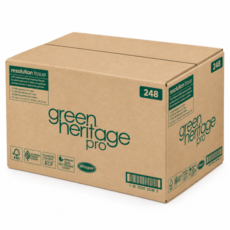 Pictured: Green Heritage Pro branded cardboard box holding the featured rolls of bath tissue against a white background.