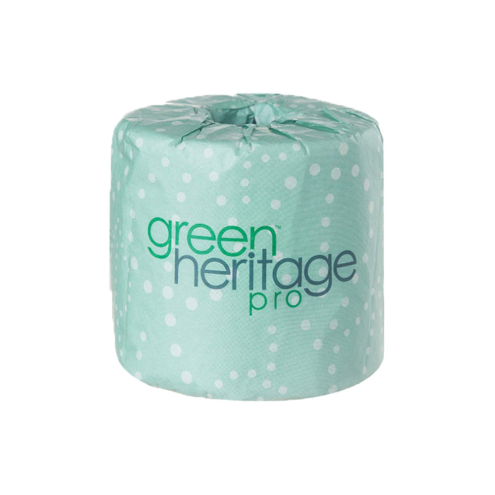 Pictured: A roll of Green Heritage Pro toilet paper wrapped in a mint green paper sleeve with white polka dots and the brand name printed on the front, set against a plain white background.