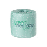 Pictured: A roll of Green Heritage Pro toilet paper wrapped in a mint green paper sleeve with white polka dots and the brand name printed on the front, set against a plain white background.