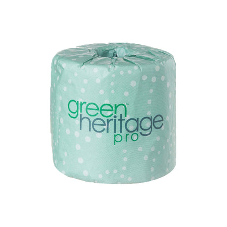 Pictured: A roll of Green Heritage Pro toilet paper wrapped in a mint green paper sleeve with white polka dots and the brand name printed on the front, set against a plain white background.