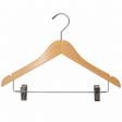 Pictured: Wooden hanger with metal hook and an additional metal rod with clips on the bottom against a white background.