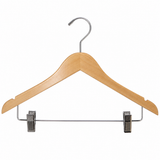 Pictured: Wooden hanger with metal hook and an additional metal rod with clips on the bottom against a white background.