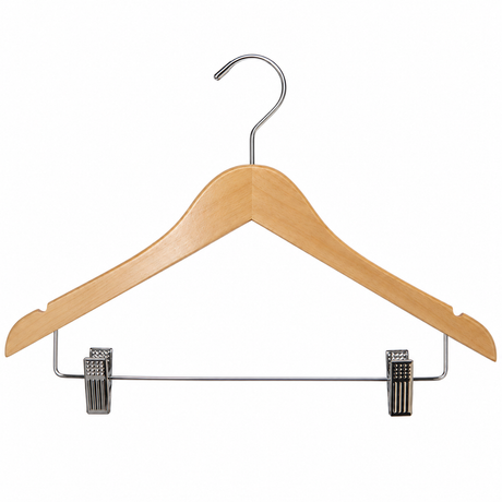 Pictured: Wooden hanger with metal hook and an additional metal rod with clips on the bottom against a white background.