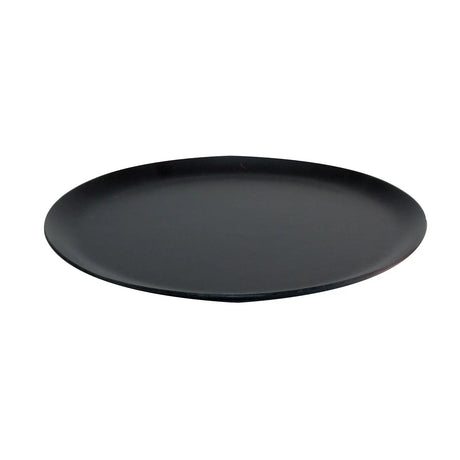 Pictured: Round black tray with slightly raised edges against a white background.