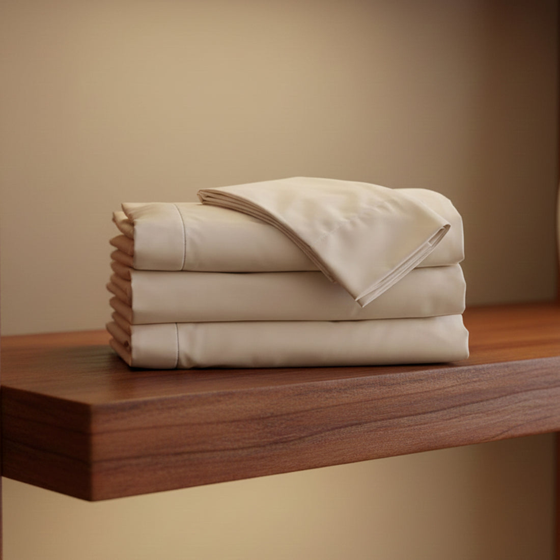 Pictured: Full Millennium t-200 Sheets in the shade Bone, neatly folded and stacked atop a natural wood shelf. The items you can get are the fitted sheet, the flat sheet and the pillowcases.