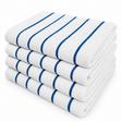 Pictured: White towels with thin blue horizontal stripes neatly folded and stacked against a white background.