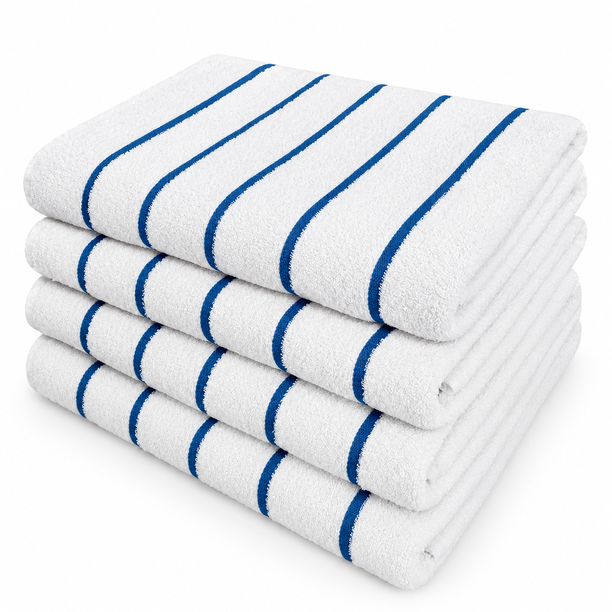 Pictured: White towels with thin blue horizontal stripes neatly folded and stacked against a white background.