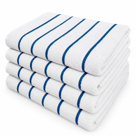 Pictured: White towels with thin blue horizontal stripes neatly folded and stacked against a white background.