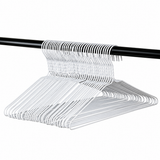 Pictured: Many white wire hangers hanging off of a black pole against a white background.