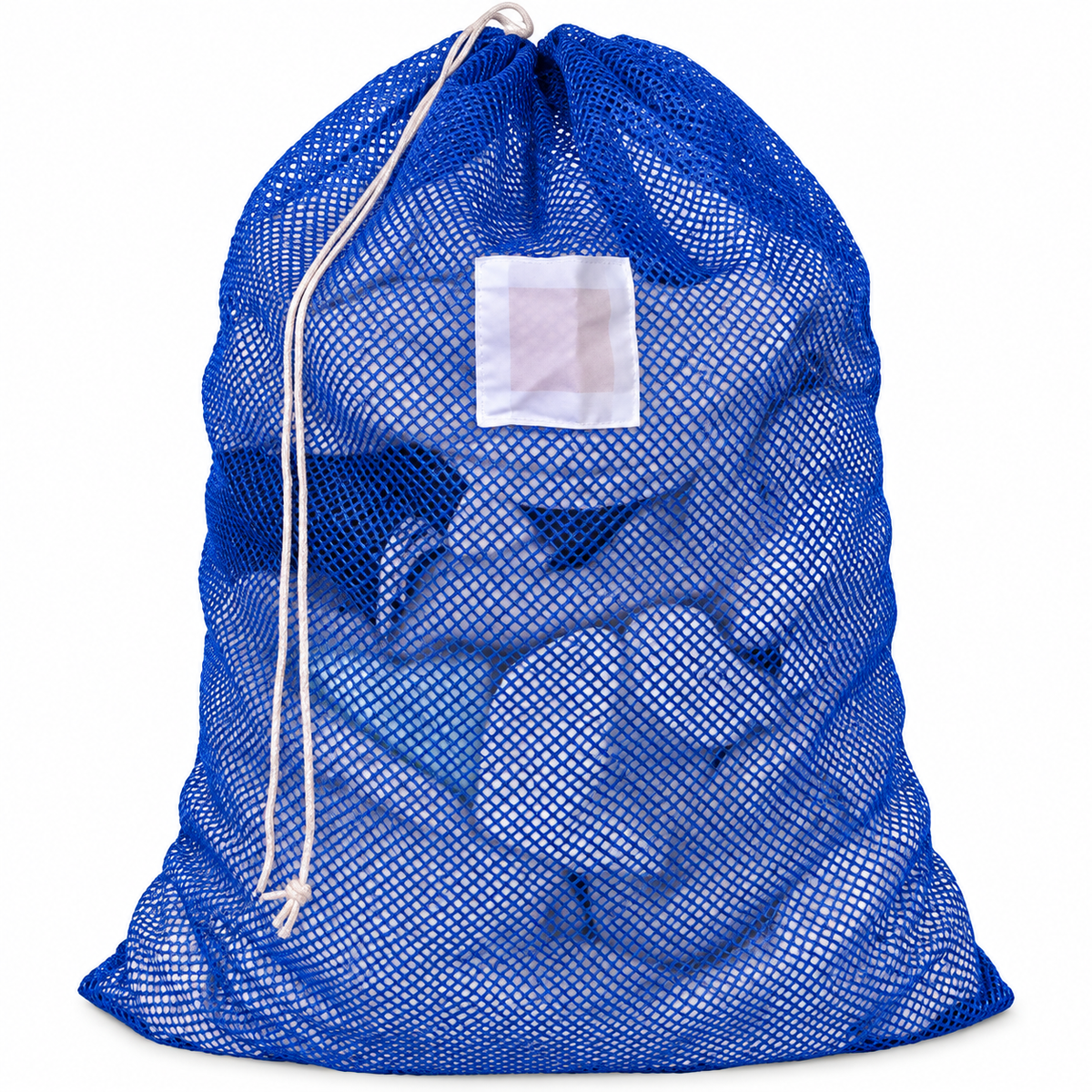 Pictured: Full Navy Mesh Laundry bag with white ID tag and drawstring enclosure against a white background.