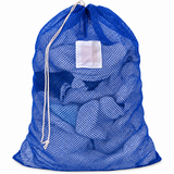 Pictured: Full Navy Mesh Laundry bag with white ID tag and drawstring enclosure against a white background.