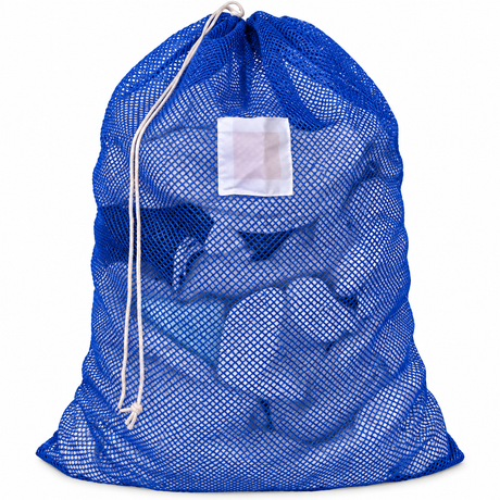 Pictured: Full Navy Mesh Laundry bag with white ID tag and drawstring enclosure against a white background.