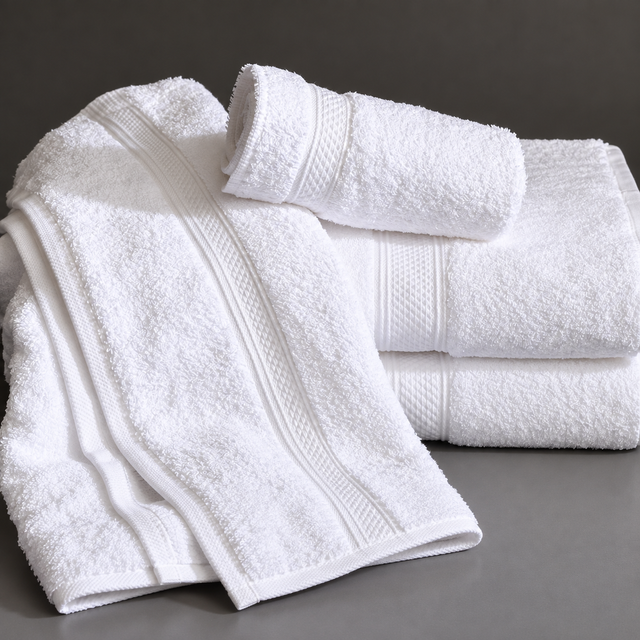 Pictured: White towels with a decorative Dobby border against a gray background. Two towels are neatly folded and stacked on the right, with another towel draped over the stack. At the top is a smaller hand towel neatly rolled.