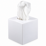 Pictured: White Oasis Spa Boutique Tissue Cove Box with a white tissue coming out of the top against a white background.