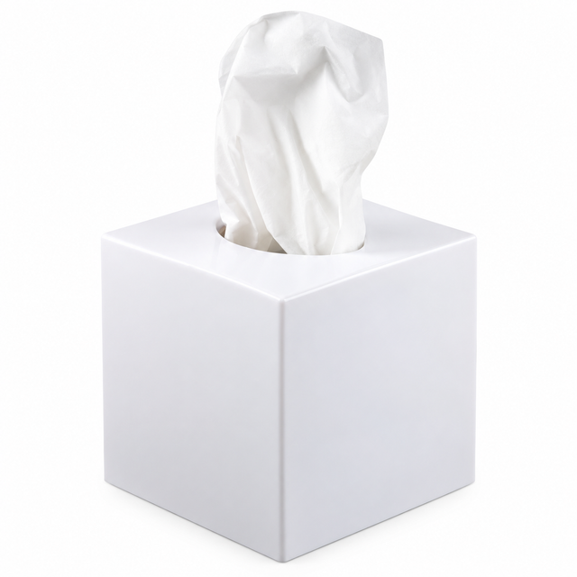 Pictured: White Oasis Spa Boutique Tissue Cove Box with a white tissue coming out of the top against a white background.
