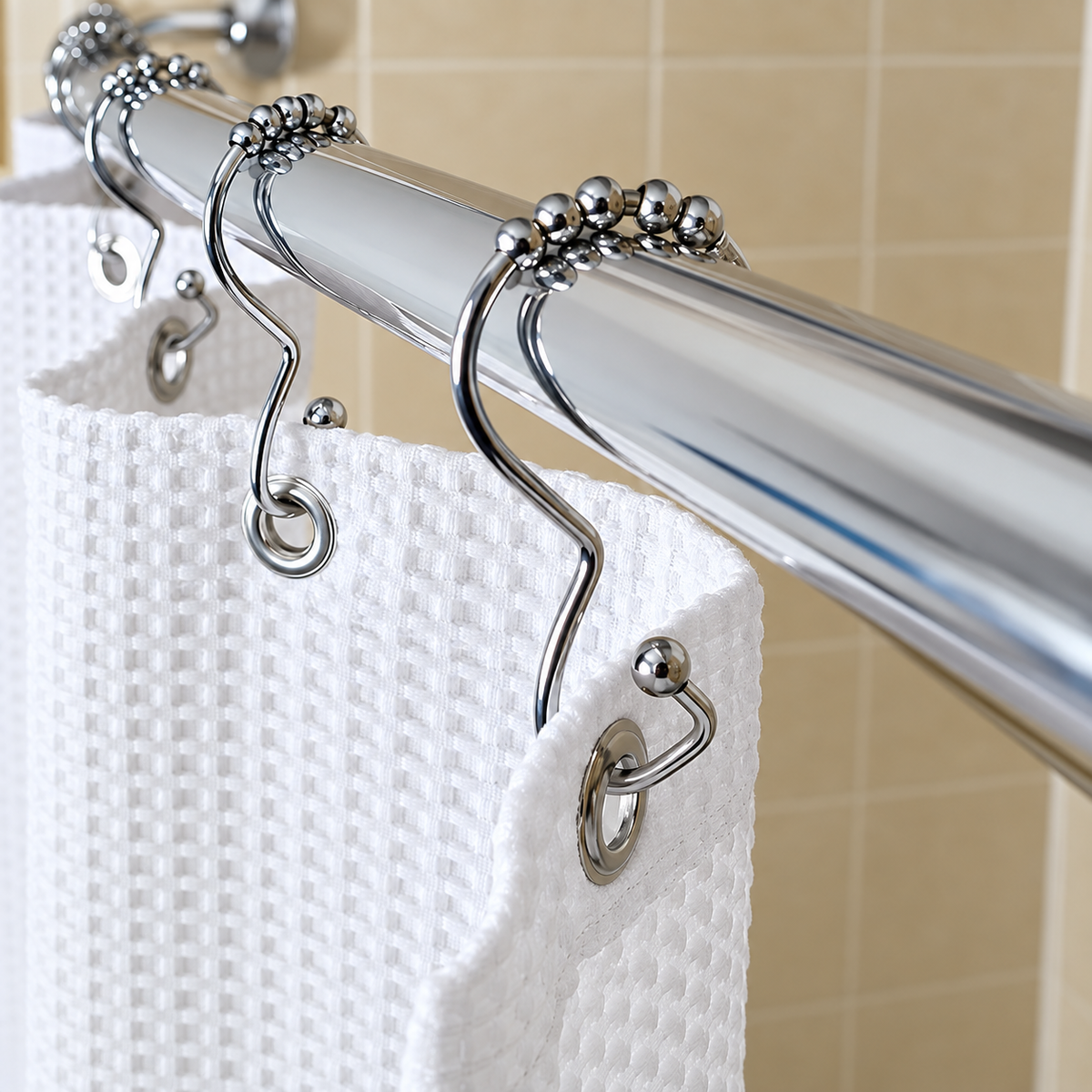 Pictured: White waffle curtain on a metal rod in a yellow-tiled bathroom.  The curtain features a chrome hook for easy shower curtain management and the roller balls for easy movement.