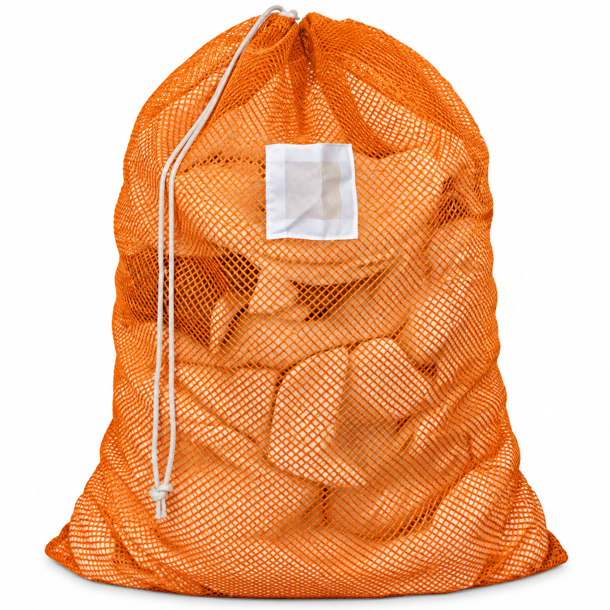 Pictured: Full Orange Mesh Laundry bag with white ID tag and drawstring enclosure against a white background.