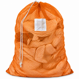 Pictured: Full Orange Mesh Laundry bag with white ID tag and drawstring enclosure against a white background.