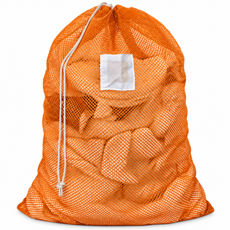 Pictured: Full Orange Mesh Laundry bag with white ID tag and drawstring enclosure against a white background.