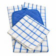 Pictured: White and blue towels folded with a blue potholder tucked in between. The pictured towels are from the Oxford Kitchen Collection and are in the White & Blue Checkered style.