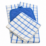 Pictured: White and blue towels folded with a blue potholder tucked in between. The pictured towels are from the Oxford Kitchen Collection and are in the White & Blue Checkered style.